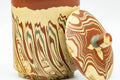 Tezumi — Japanese Teacup - Red Yellow Marbled Nerikomi Tokoname-yaki Lidded Yunomi - 150ml — inverted showing the foot ring