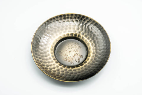 Japanese Chataku - Set of 5 Hammered Brass Uniquely Engraved Tea Saucers with Chasaji Tea Scoop in Wooden Box