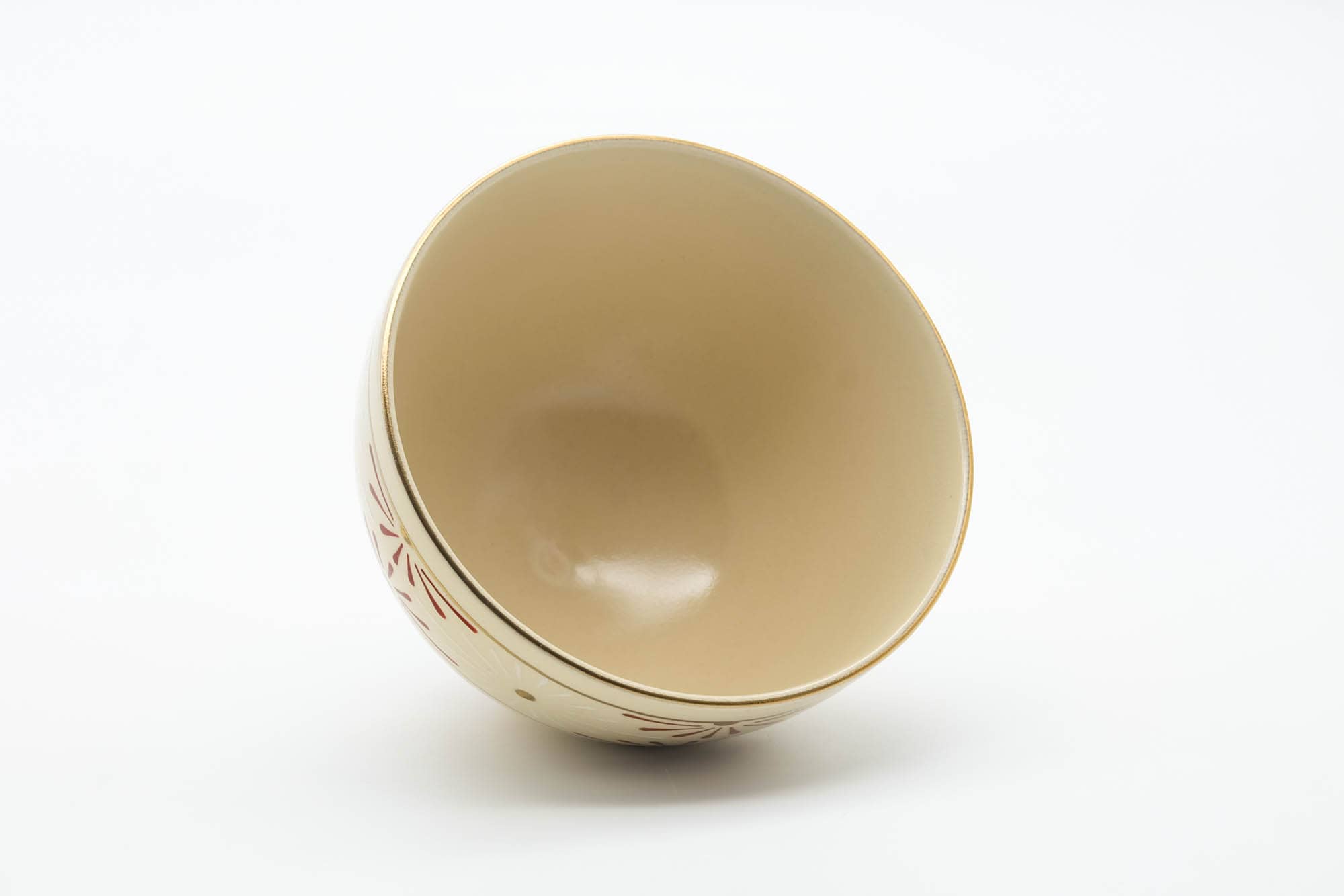 Japanese Matcha Bowl - Red White Geometric Beige Glazed Kyo-yaki Chawan - 400ml
