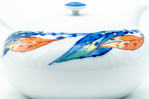 Japanese Kyusu - Blue Orange Leaves Arita-yaki Porcelain Teapot - 350ml