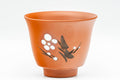 Japanese Teacup - Pair of Ume Red Shudei Tokoname-yaki Guinomi - 60ml - close-up of a single cup with the plum-blossom design