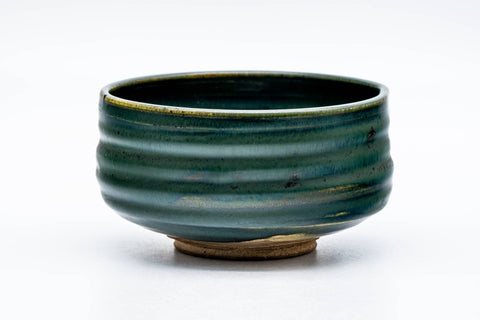 Tezumi — Japanese Matcha Bowl - Green Glazed Thumb-Indented Spiraling Chawan - 200ml — three-quarter view