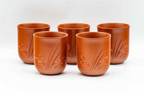Japanese Tea Set - Long Grass Engraved Tokoname-yaki Debeso Kyusu Teapot with 5 Yunomi Teacups - the five matching teacups grouped together