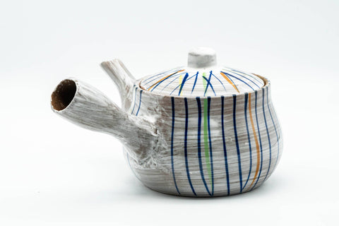 Tezumi — Japanese Kyusu - Brush Glazed Colorful Stripes Debeso Teapot - 250ml — side view showing the spout