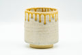 Japanese Teacup - Beige Yellow Drip-Glazed Yunomi - front view of the drip-glazed body