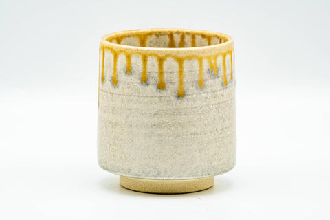 Japanese Teacup - Beige Yellow Drip-Glazed Yunomi - front view of the drip-glazed body