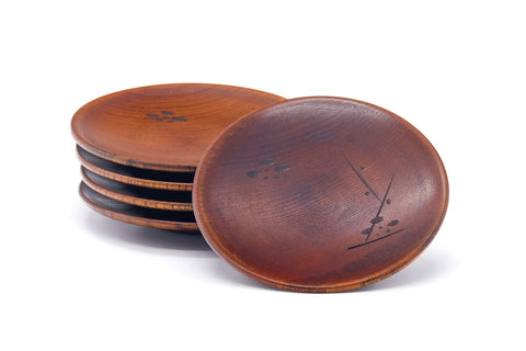 Japanese Chataku - Set of 5 Plum Blossom Engraved Wooden Plates