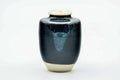 High-shouldered Seto-yaki chaire (tea caddy) with a black-blue drip glaze fading to pale at the foot, shown from the front with an ivory lid.