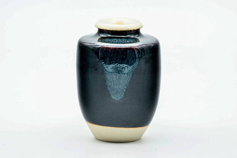 Japanese Chaire - Black Blue Drip-Glazed Katatsuki Seto-yaki Tea Canister with Shifuku