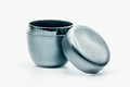Weathered black-lacquer matcha tea caddy (natsume) with the lid removed and set beside the body, three-quarter view