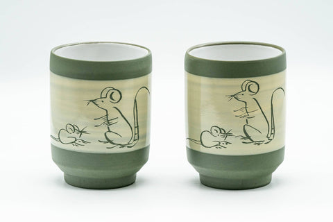 Japanese Teacups - Pair of Friendly Mice Ryokudei Tokoname-yaki Yunomi - 140ml - the pair of green teacups side by side