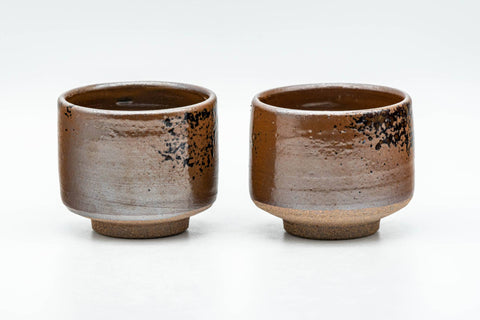 Tezumi — Japanese Teacups - Pair of Ash Brown Glazed Yunomi - 90ml — front view from another angle