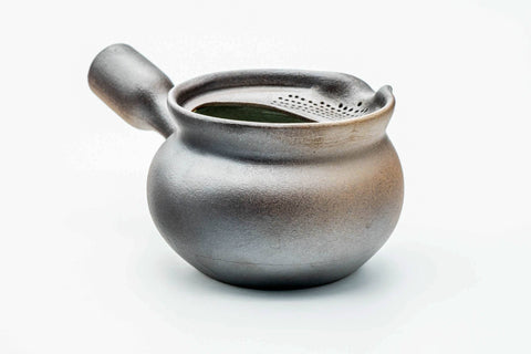 Dark yohen lidless kyusu, front view showing the spout and open mouth