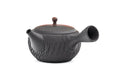 Black-and-red yōhen Tokoname kyusu teapot with side handle and dimpled tochiri texture - side view with the spout to the right