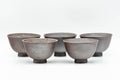 Japanese Teacups - Set of 5 Spiraling Banko-yaki Guinomi - 55ml - the five cups grouped upright