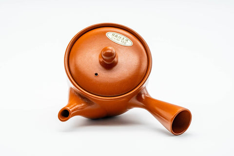 Overhead view of the domed lid and central knob on the brick-red body.