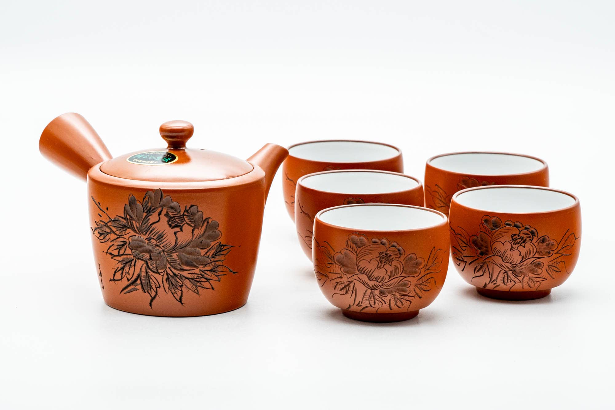 Japanese Tea Set - Floral Engraved Tokoname-yaki Kyusu Teapot with 5 White Inner-Glazed Yunomi Teacups