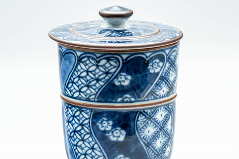 Japanese Teacup - Blue Floral Geometric Wavy Arita-yaki Lidded Yunomi - 130ml