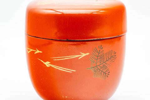 Japanese Natsume - Orange Lacquer Gold Geometric Matcha Tea Caddy - 100ml - close-up of the orange lacquer with gold geometric design
