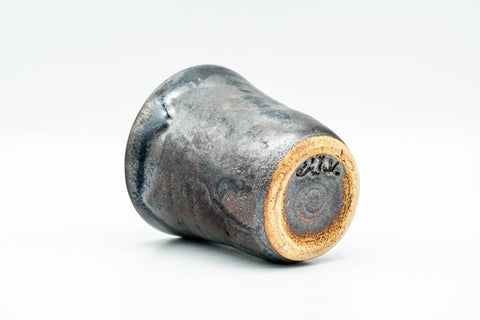 Japanese Teacup - Abstract Metallic Black Glazed Yunomi - inverted to show the unglazed foot