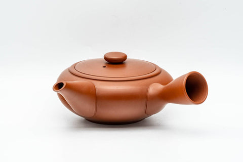 Tezumi — Japanese Kyusu - Calligraphy Engraved Red Shudei Tokoname-yaki Debeso Teapot - 140ml — side view showing the spout