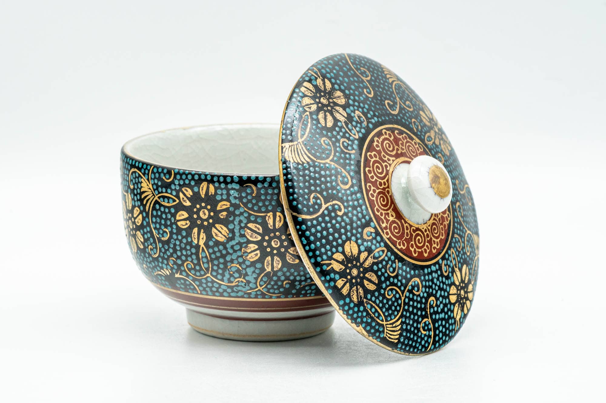 Japanese Teacup - 九谷焼 Floral Aochibu Kutani-yaki Porcelain Lidded Yunomi - 120ml - Tezumi