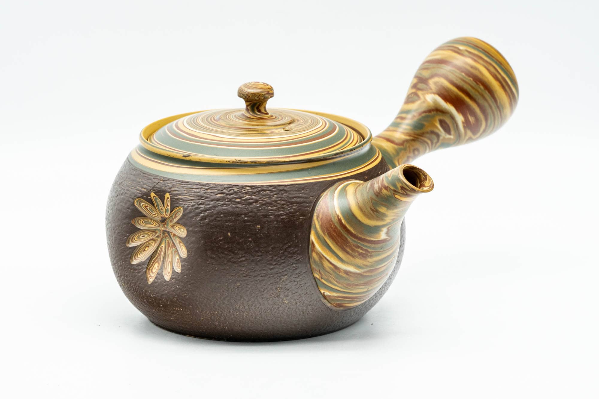 Japanese Kyusu - Engraved Floral Nerikomi Textured Tokoname-yaki Debeso Teapot - 240ml - Tezumi