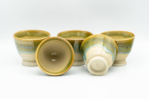 Japanese Tea Set - Green Drip-Glazed Agano-yaki Houhin Teapot with Katakuchi Water Cooler and 5 Guinomi Teacups