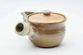 Beige weathered Hagi-yaki kyusu, side profile with the spout to the left and handle to the right