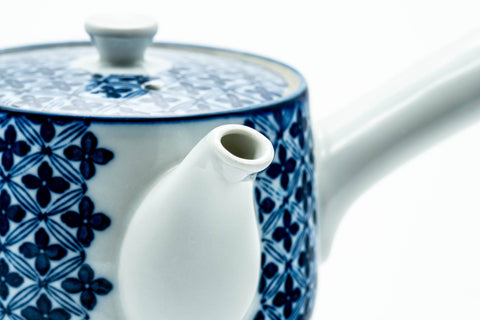 Japanese Kyusu - Blue Geometric Tessellated Arita-yaki Porcelain Teapot - 350ml - three-quarter view showing the spout and geometric pattern