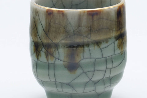 Japanese Teacup - Brown Drip-Glazed Crazed Green Celadon Obori Soma-yaki Guinomi - 40ml
