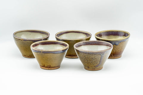 Japanese Tea Set - Green Purple Drip-Glazed Houhin Teapot with Katakuchi Water Cooler and 5 Yunomi Teacups - the five yunomi teacups arranged together