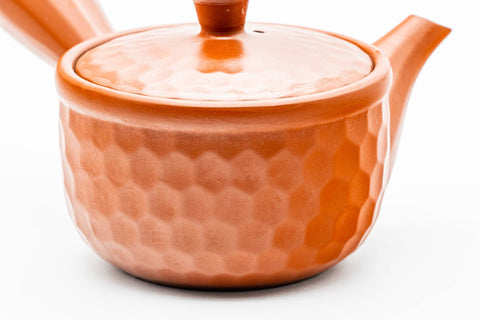 Japanese Kyusu - Scaled Tokoname-yaki Mesh Teapot - 240ml - front view of the scaled body with the lid in place