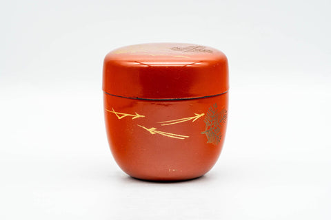 Japanese Natsume - Orange Lacquer Gold Geometric Matcha Tea Caddy - 100ml - front view of the closed caddy with gold motif
