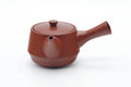 Tezumi — Japanese Kyusu - Bamboo Engraved Tokoname Red Shudei Teapot - 300ml — three-quarter view from the opposite side