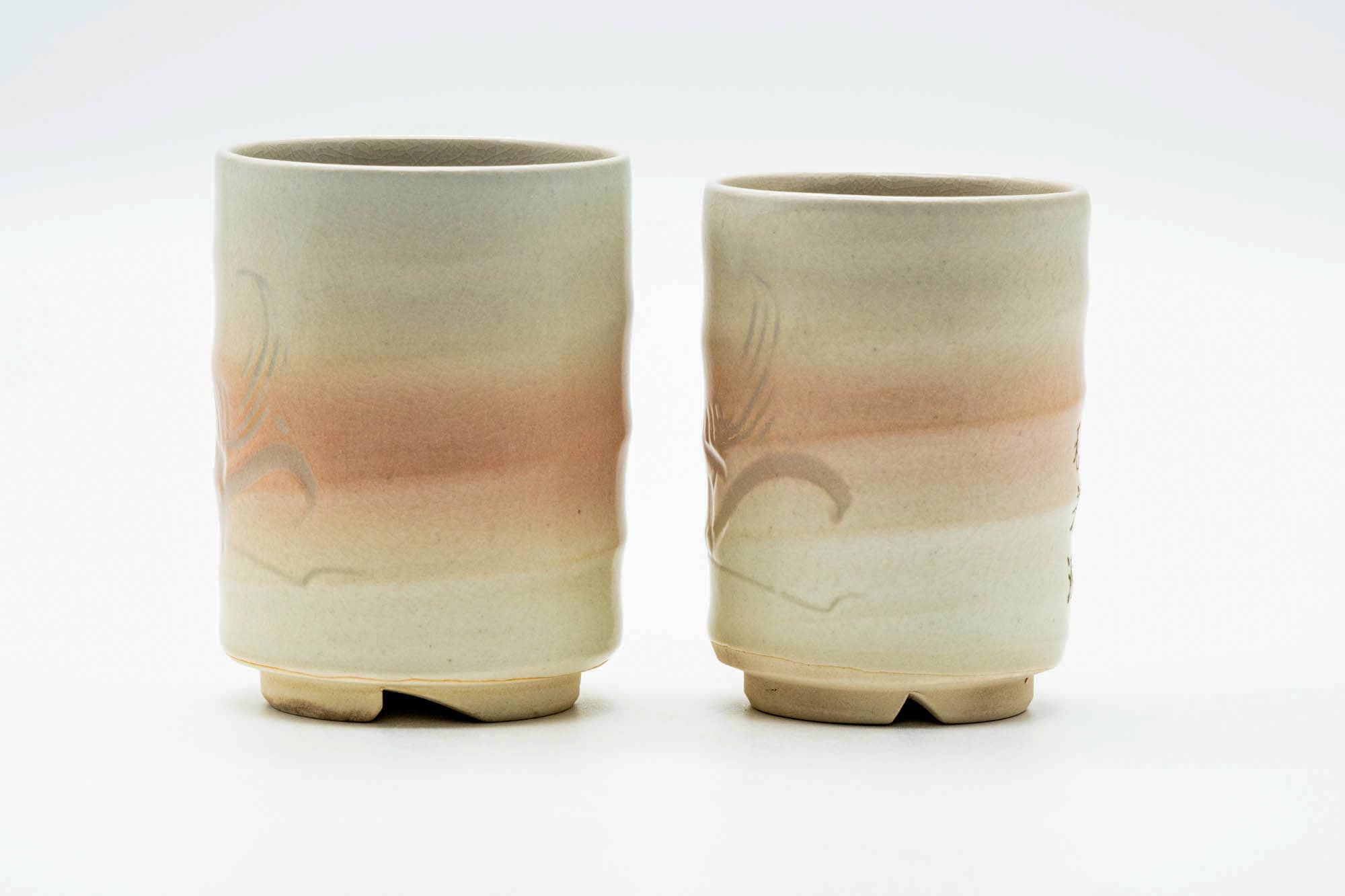 Japanese Teacups - Pair of Floral Engraved Spiraling Hagi-yaki Meoto Yunomi