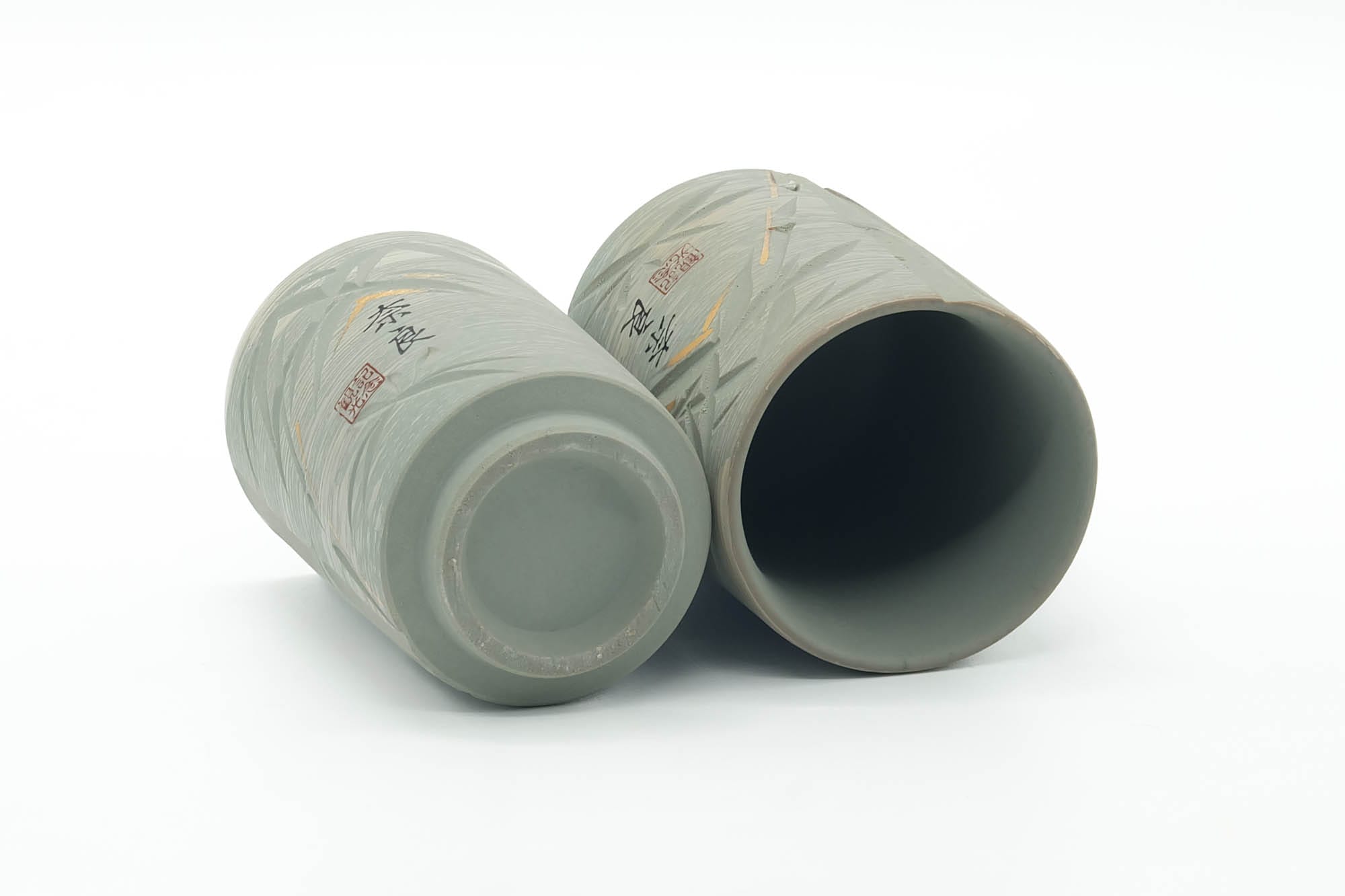 Japanese Teacups - Pair of Bamboo Engraved Tokoname Meoto Yunomi - 150ml