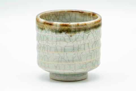 Japanese Tea Set - Set of 5 Uniquely Glazed Shigaraki-yaki Guinomi - 50ml - single green glazed teacup, front view