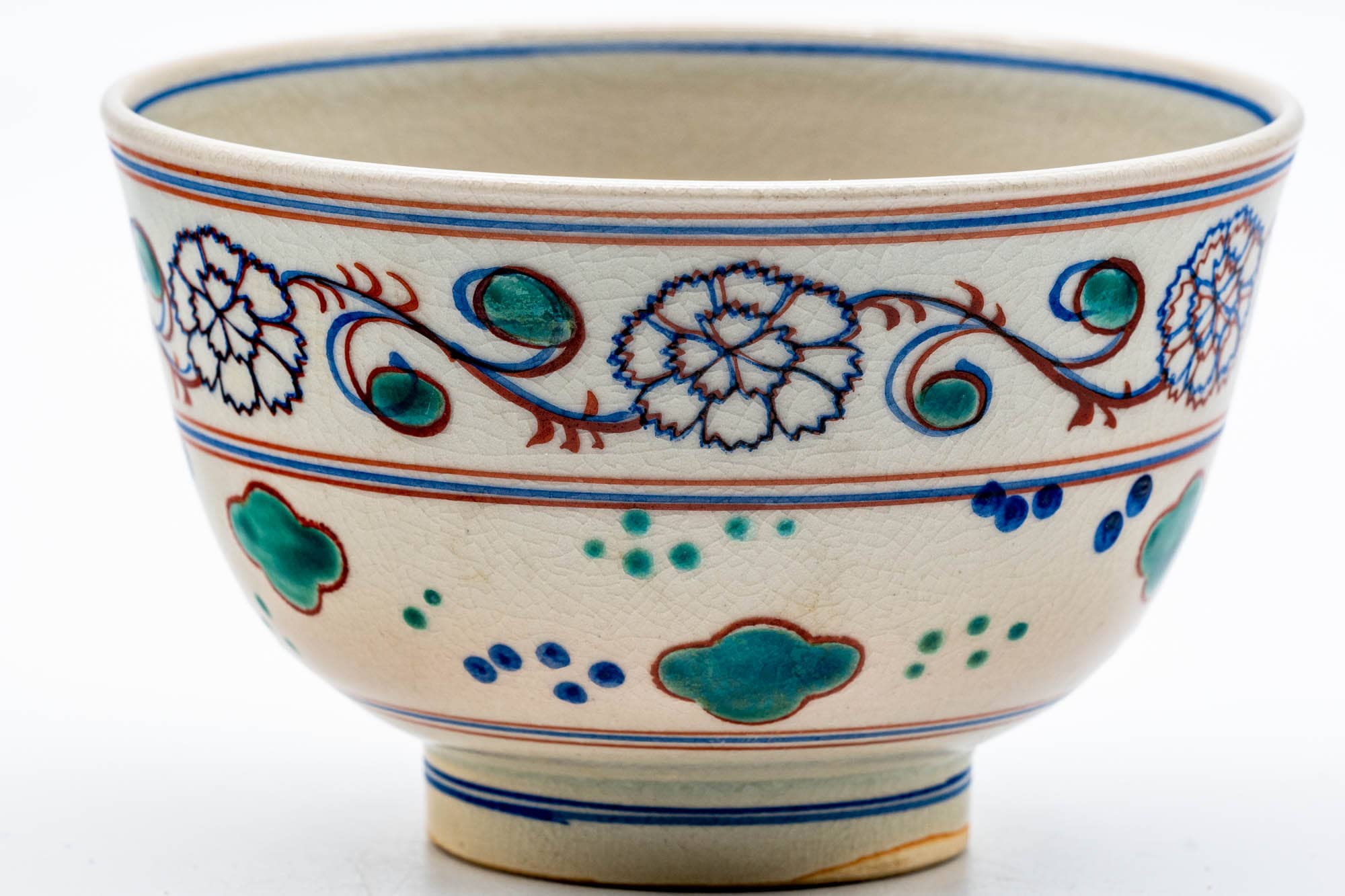 Japanese Matcha Bowl - Floral Geometric Trim Beni-Annan Chawan - 250ml