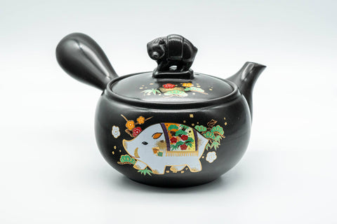 Japanese Kyusu - Year of the Pig Black Kurodei Tokoname-yaki Teapot - 360ml - front view showing the plum blossom and boar decoration