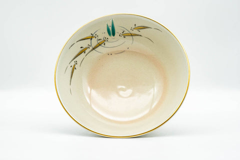 Japanese Matcha Bowl - Beige Gold Pond Leaves Kyo-yaki Summer Chawan - Juraku - 200ml - top-down view of the interior with gold-and-teal leaves-on-water motif