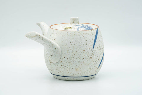 Tezumi — Japanese Tea Set - Blue Floral White Matte Glazed Arita-yaki Debeso Kyusu Teapot and 5 Yunomi Teacups — the cups grouped together