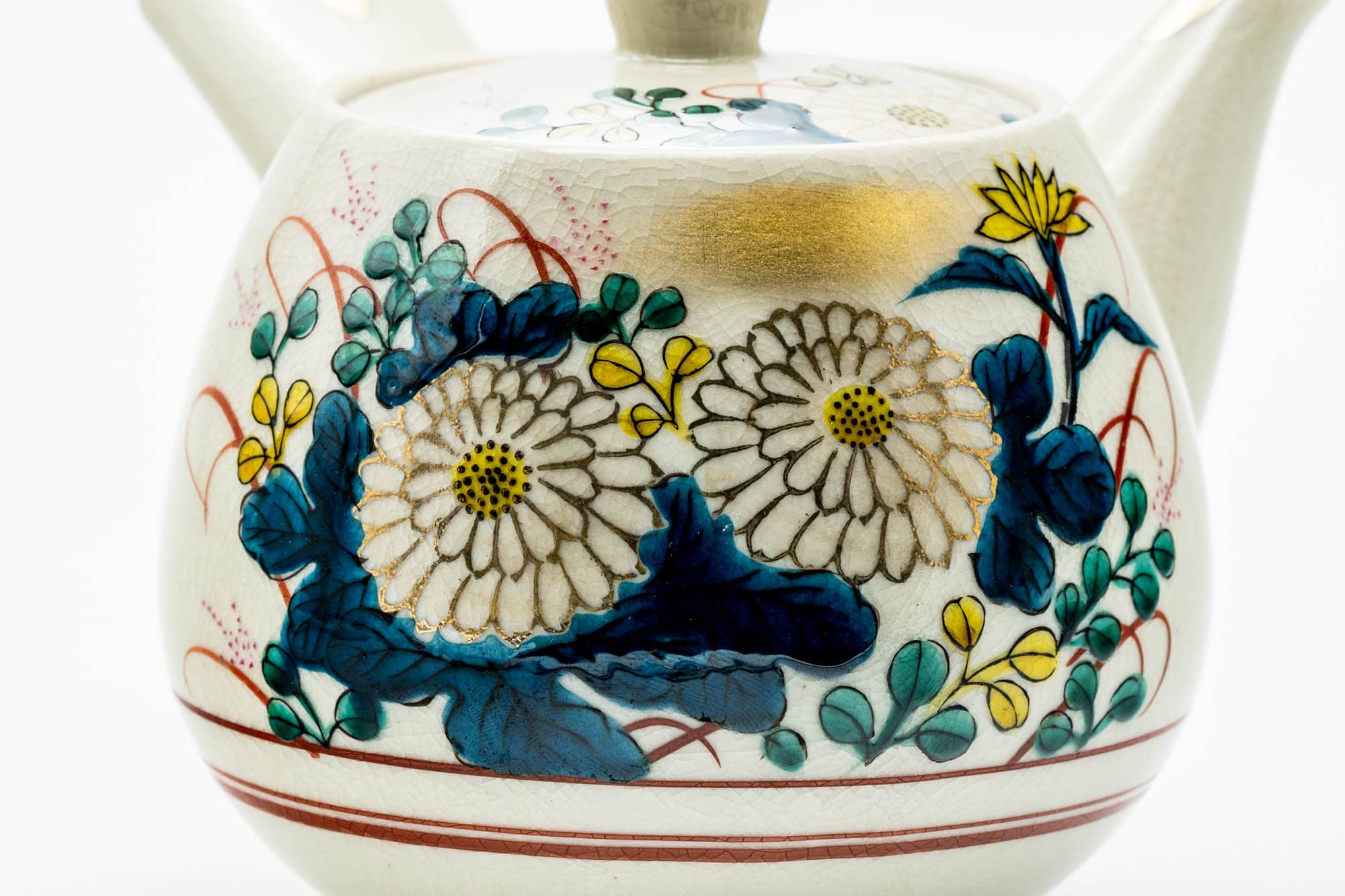 Japanese Tea Set - Beige Blue Floral Kutani-yaki Kyusu Teapot with 5 Yunomi Teacups