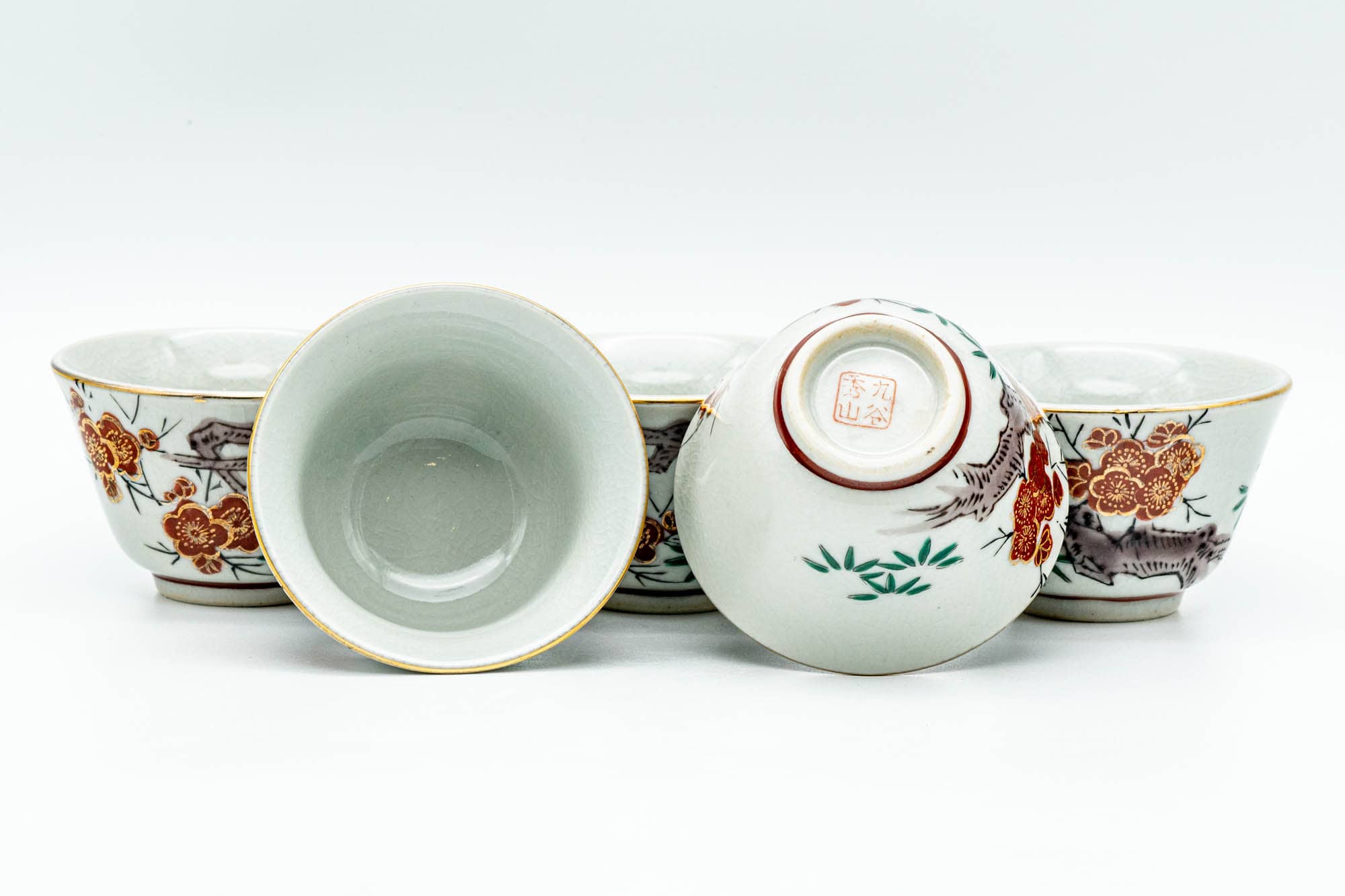 Japanese Tea Set - Floral Kutani-yaki Kyusu Teapot with 5 Yunomi Teacups