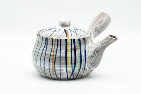 Tezumi — Japanese Kyusu - Brush Glazed Colorful Stripes Debeso Teapot - 250ml — side view with the lid and side handle