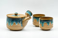 Japanese Tea Set - Agano-yaki Blue Drip-Glazed Do-ake Kyusu Teapot with 2 Yunomi Teacups - the teapot and two teacups