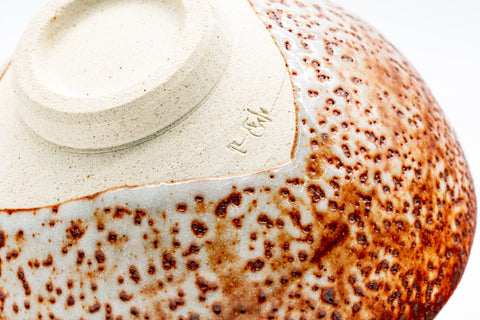 Tezumi — Japanese Matcha Bowl - 加富山窯 Toyama Kiln - Orange Shino Glazed Mino-yaki Chawan - 250ml — closeup of the glaze