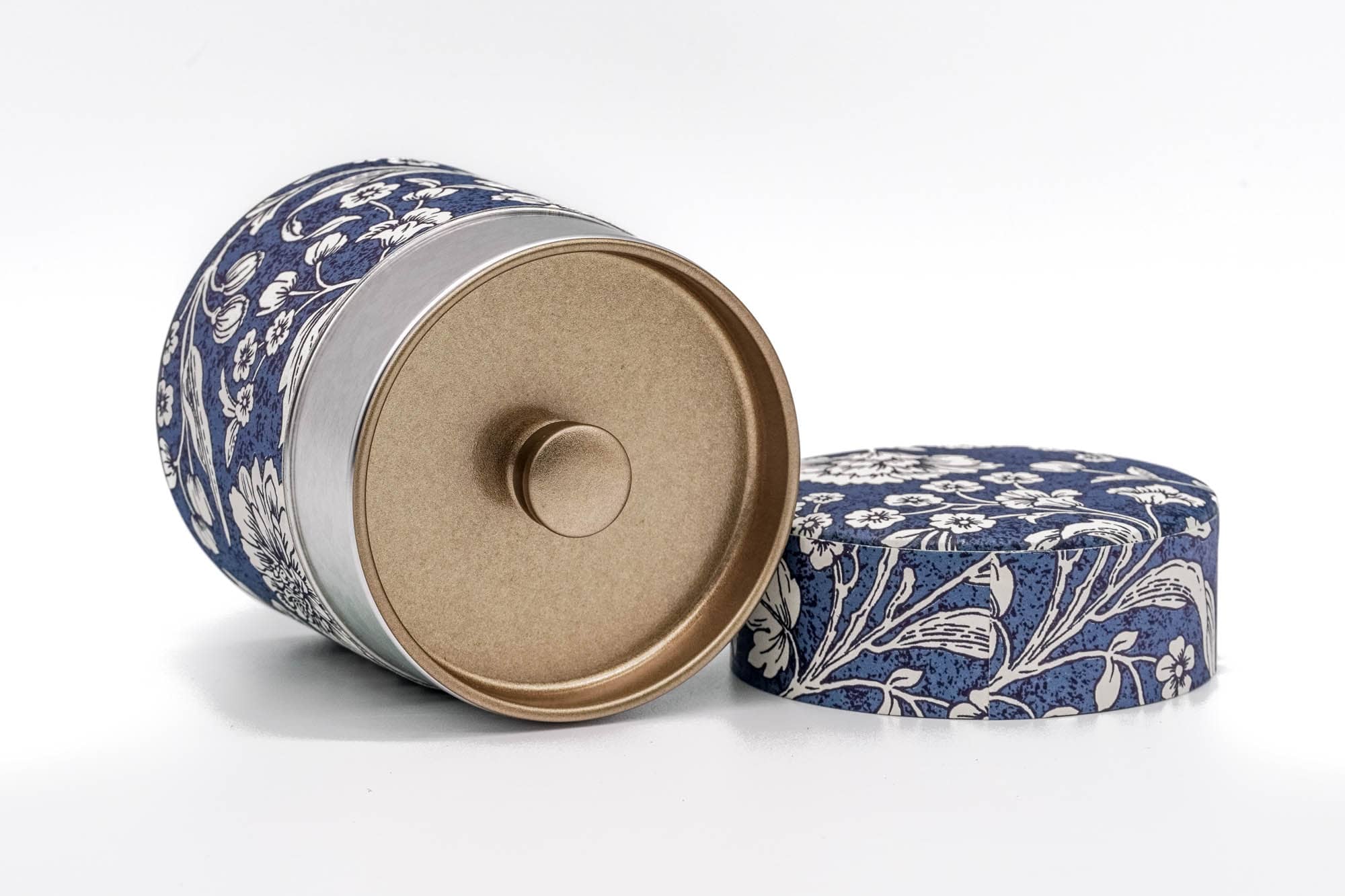 Japanese Chazutsu - 江東堂 Kotodo - Blue White Floral Washi Wrapped Metal Tea Canister - 100g