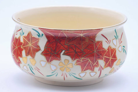 Tezumi — Japanese Kensui - Autumn Leaves Beige Glazed Kyo-yaki Water Bowl - 450ml — tipped to show the interior