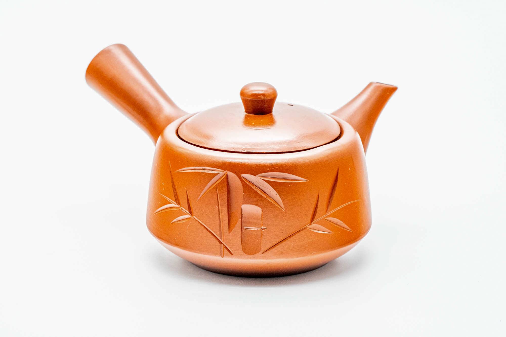 Japanese Kyusu - Bamboo Engraved Red Shudei Tokoname-yaki Ceramic Filter Teapot - 300ml